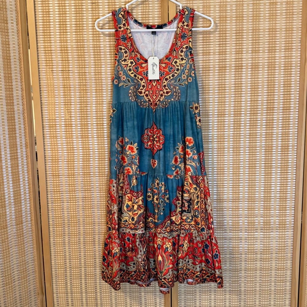 Shall We Womens Boho Paisley Floral Tiered Sleeveless Midi Dress Blue Red Small